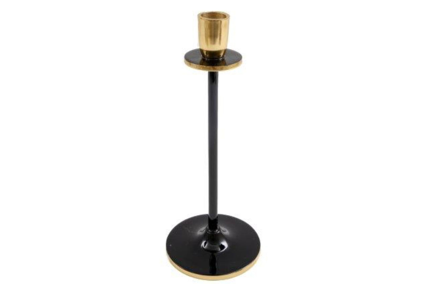 Black and gold candlestick with tall slender black stem and gold candle holder by Geko Products