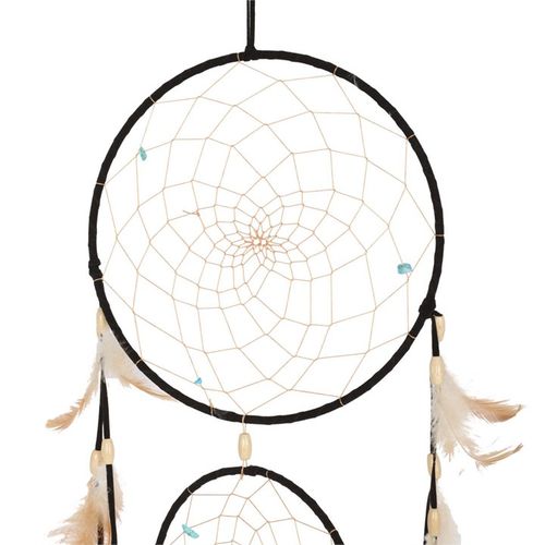Black dreamcatcher with feathers showcasing intricate web design and natural beads for spiritual decor