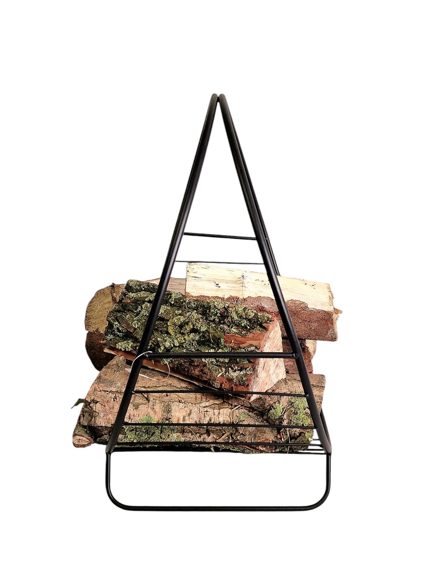 Black metal log holder from Geko Products with stacked firewood for fireplace storage
