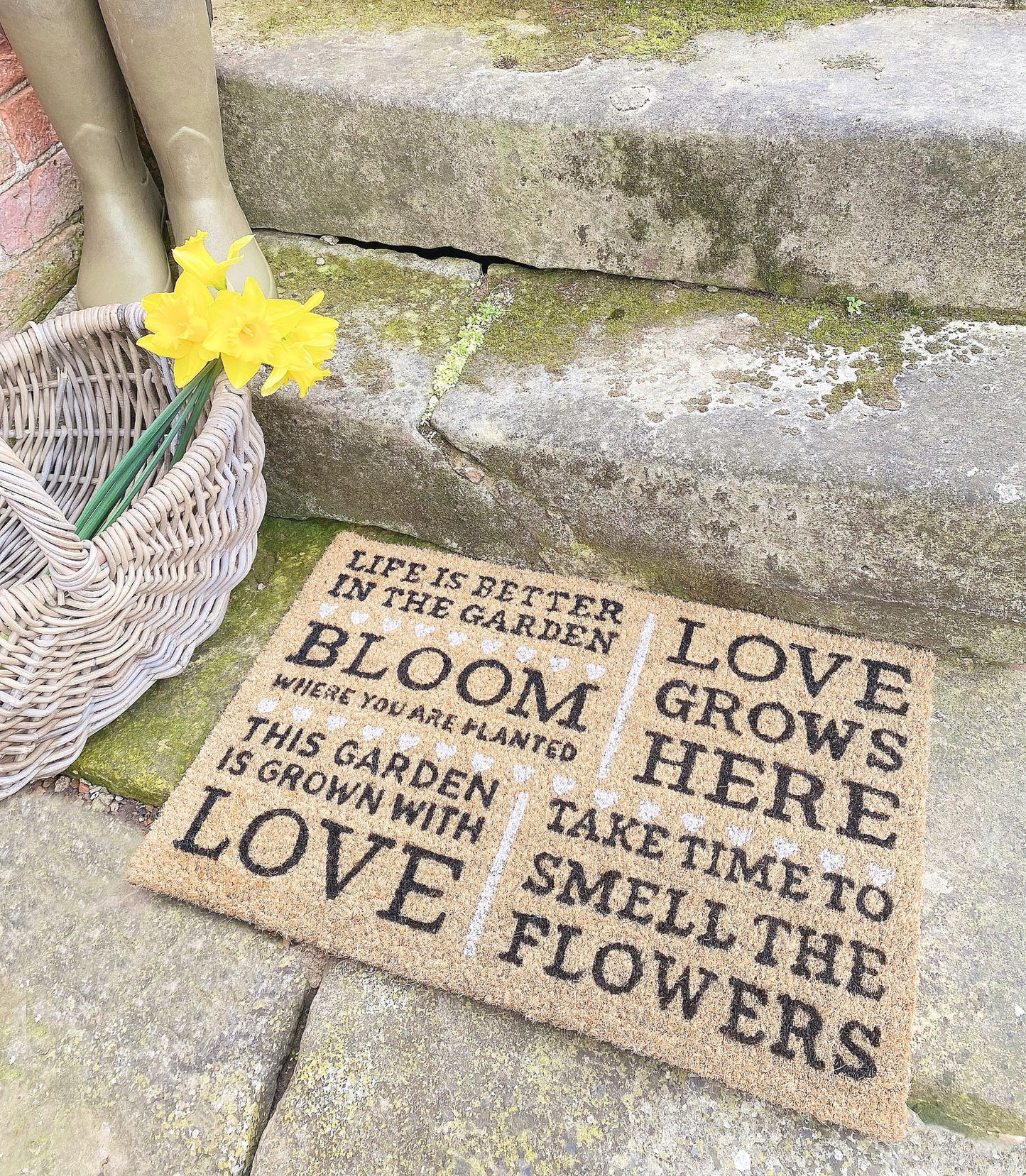 Geko Products bloom potting shed doormat with garden love and flower quotes on stone steps