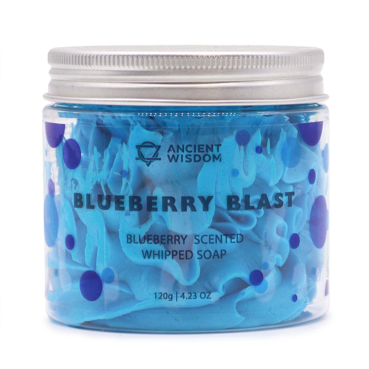 Blueberry Whipped Soap in a clear jar with blue whipped texture for moisturising skincare