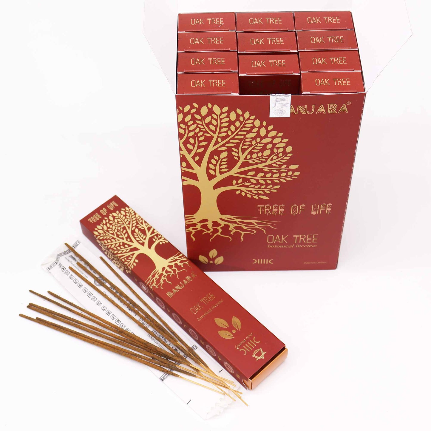 Banjara botanical incense sticks in Oak Tree scent, packaged in a vibrant box with a tree design.