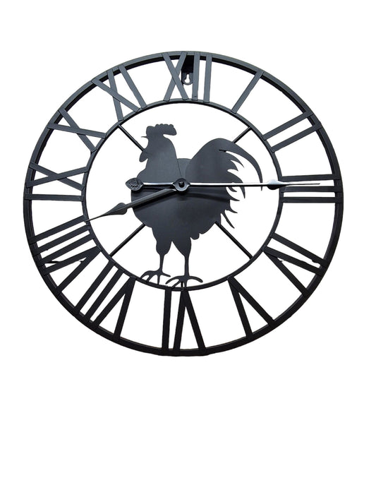 Black metal Roman chicken wall clock with Roman numerals and rooster silhouette design
