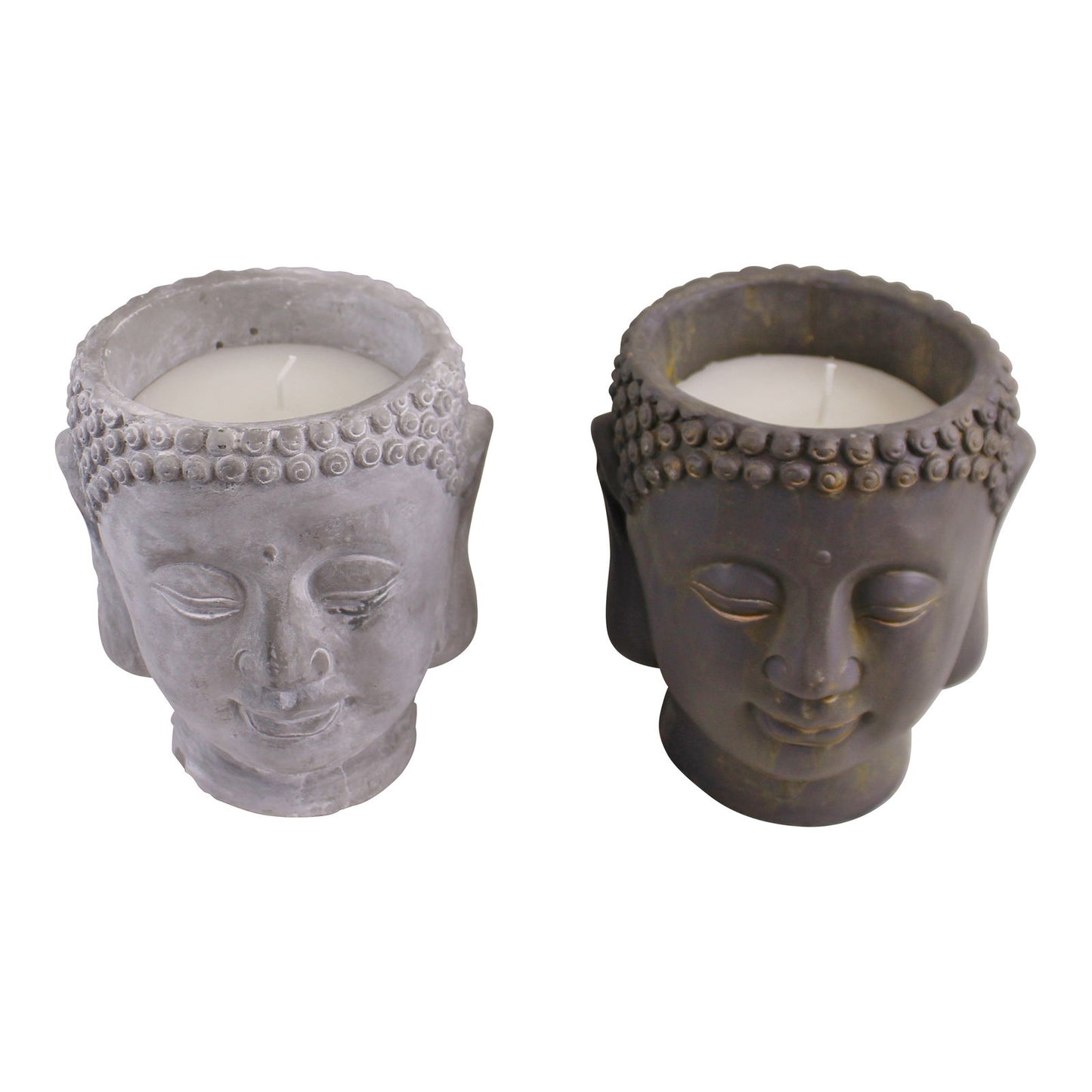 Set of Buddha design candles in gray and dark gray Buddha head holders by Geko Products