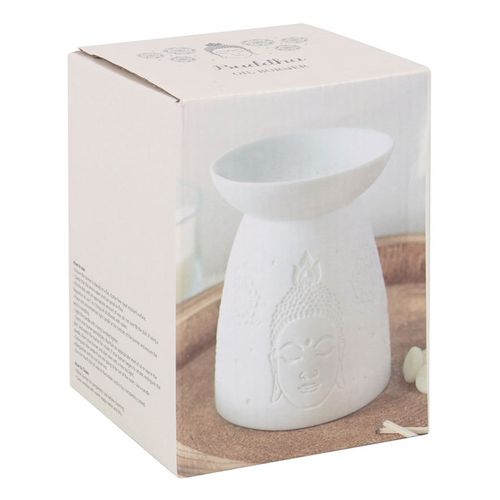 Elegant white ceramic Buddha face oil burner perfect for fragrant wax melts and essential oils