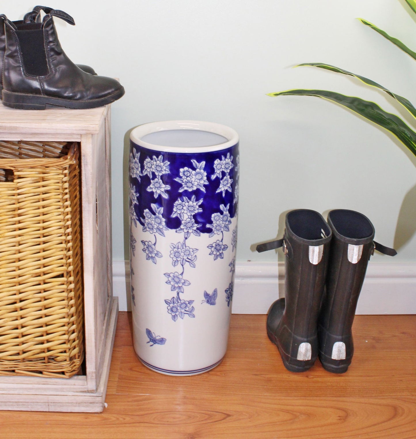 Geko Products butterfly design umbrella holder in white and blue ceramic with floral and butterfly patterns