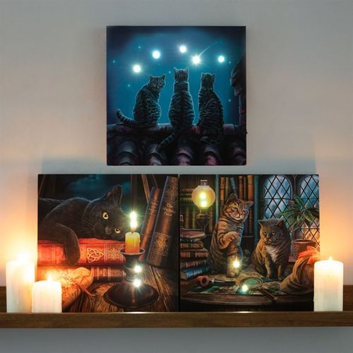 Light up canvas art featuring whimsical cats observing stars on a dark background