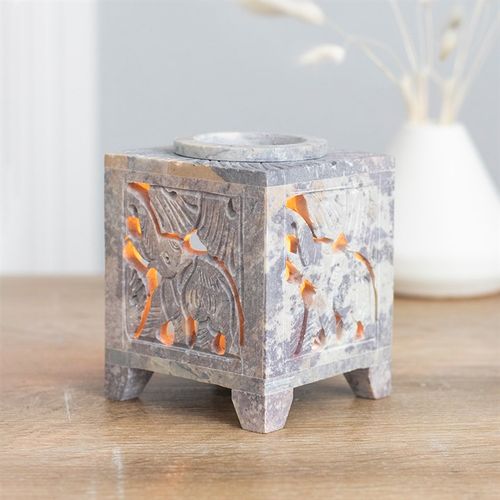 Handcrafted Carved Elephant Oil Burner in soapstone design with intricate detailing