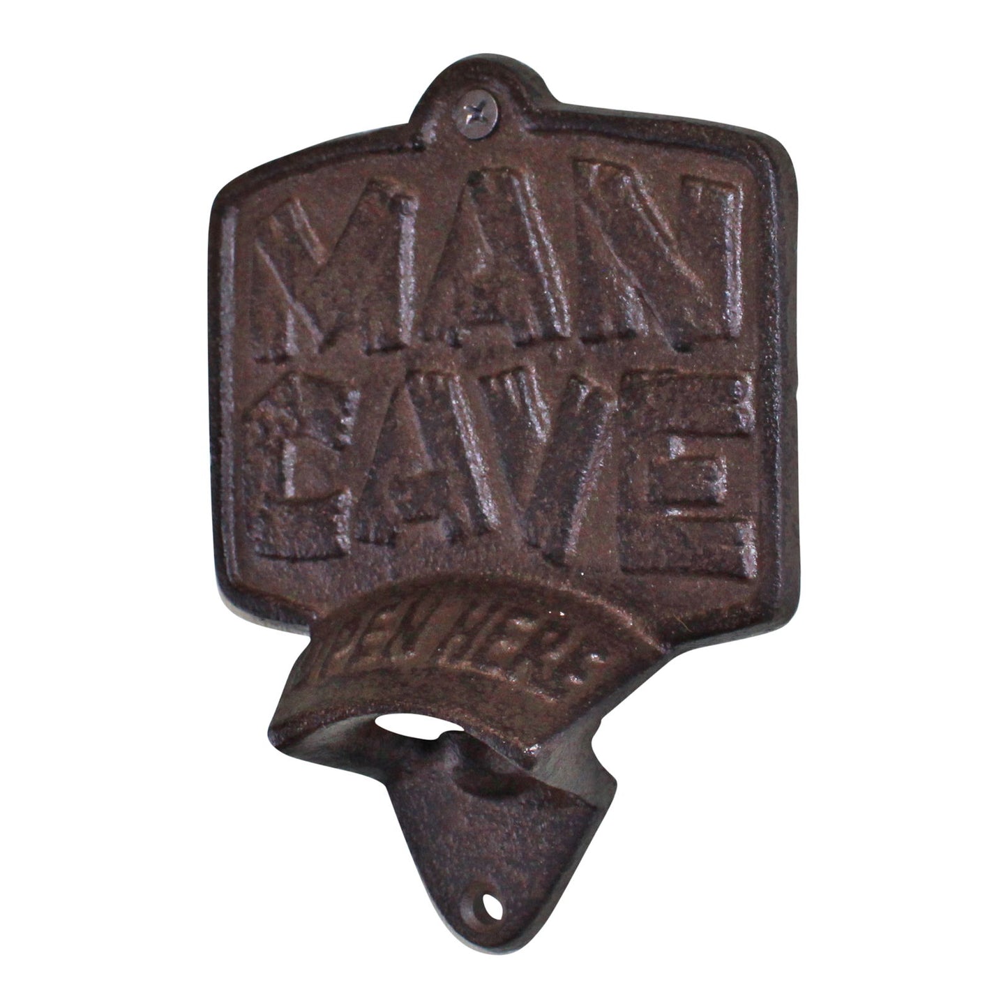 Geko Products brown cast iron bottle opener wall mount with Man Cave design