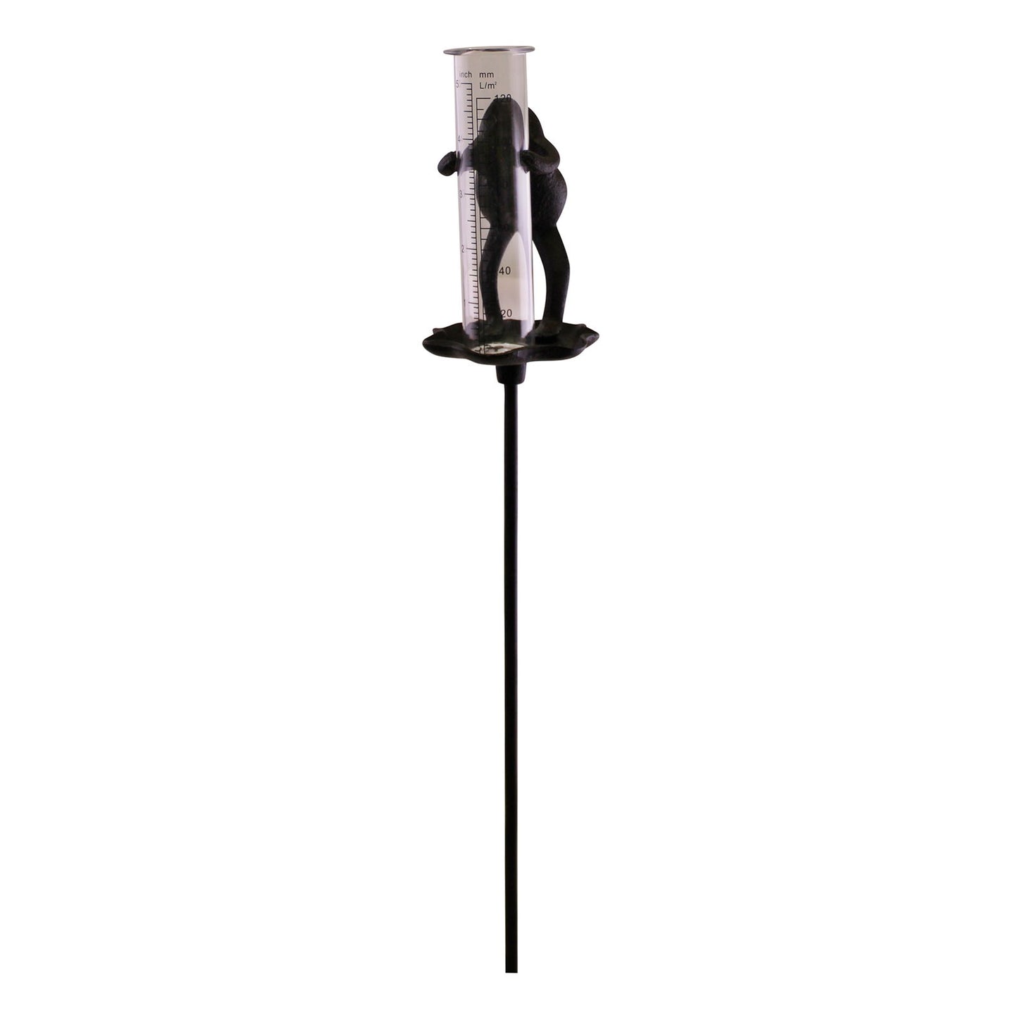 Geko Products cast iron garden rain gauge with decorative frog design and clear measuring tube