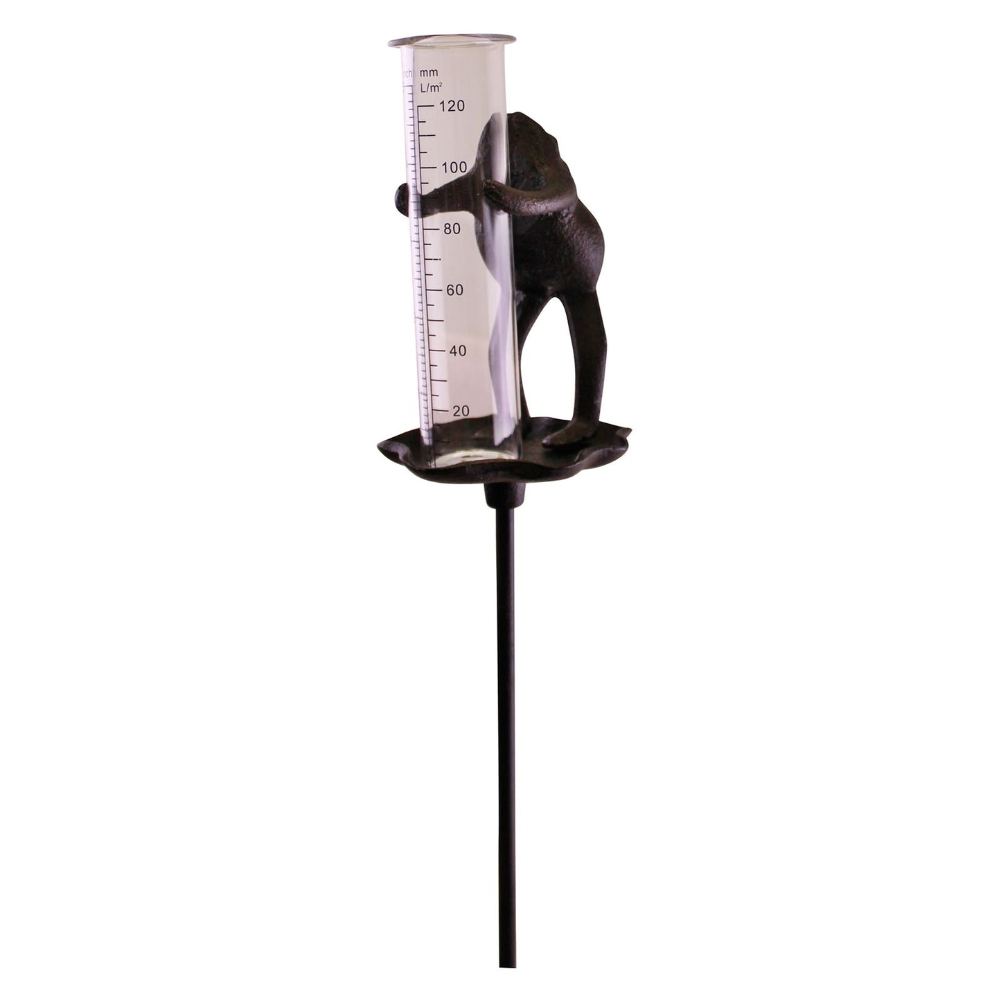 Geko Products cast iron garden rain gauge with frog design and clear measurement tube on stake