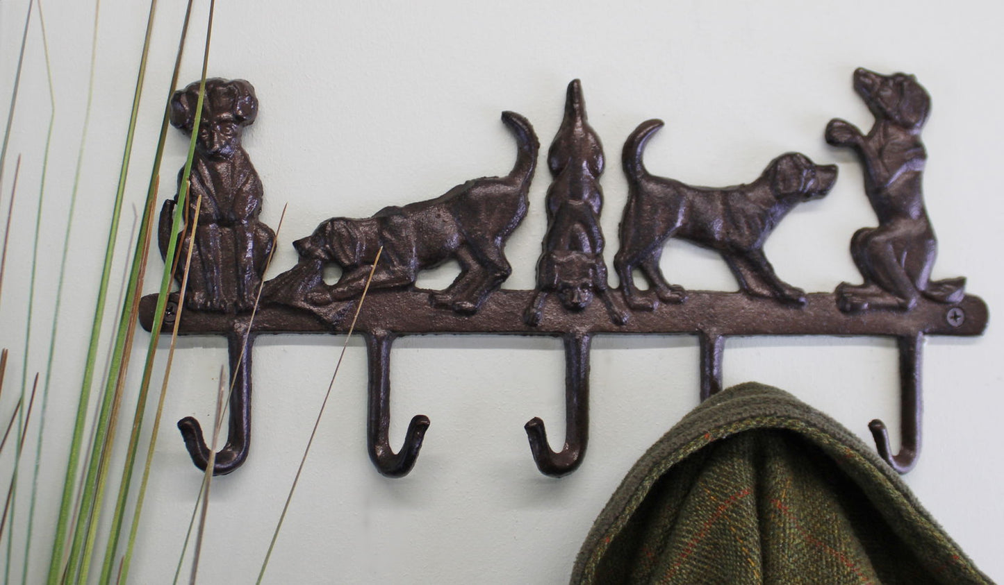 Geko Products cast iron hooks for home featuring dog-shaped designs with five sturdy hooks on a dark metal rack