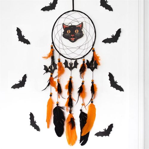 Black Cat Halloween Dreamcatcher with colorful feathers and a black cat design, perfect for spooky decorations