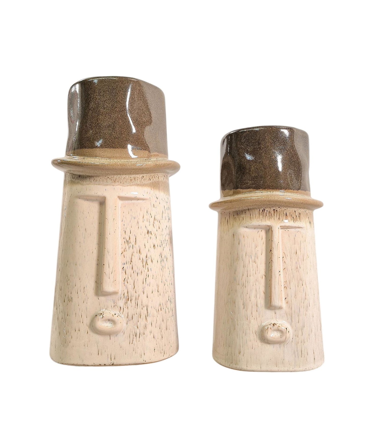 Geko Products ceramic face vase set in beige and brown with a modern abstract design and tall hat shapes