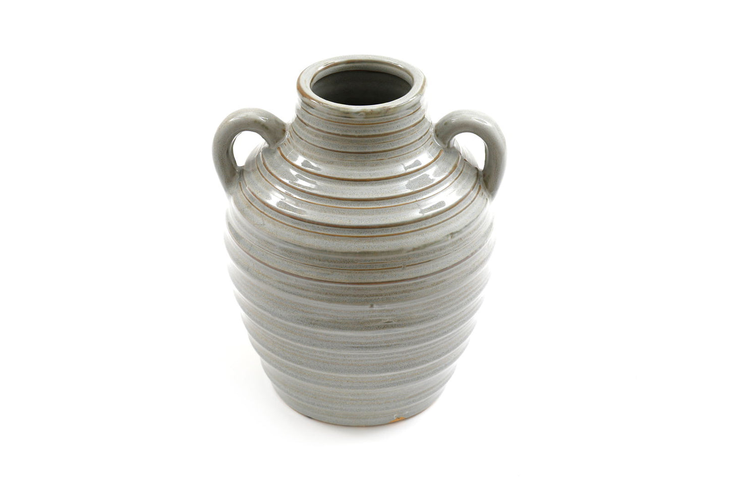 Geko Products ceramic grey ribbed vase with two handles and a wide mouth on a white background