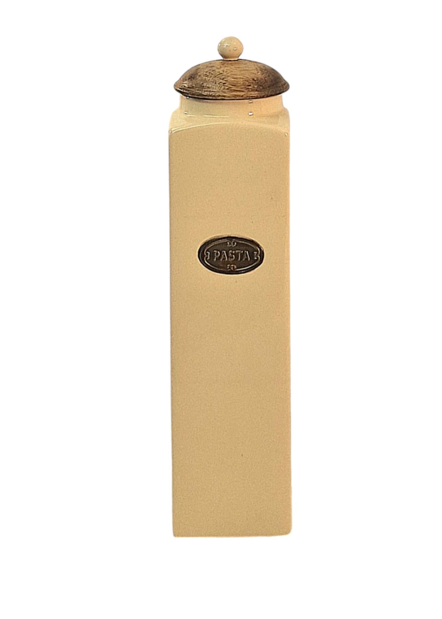 Geko Products beige ceramic pasta jar with wooden lid and vintage pasta label