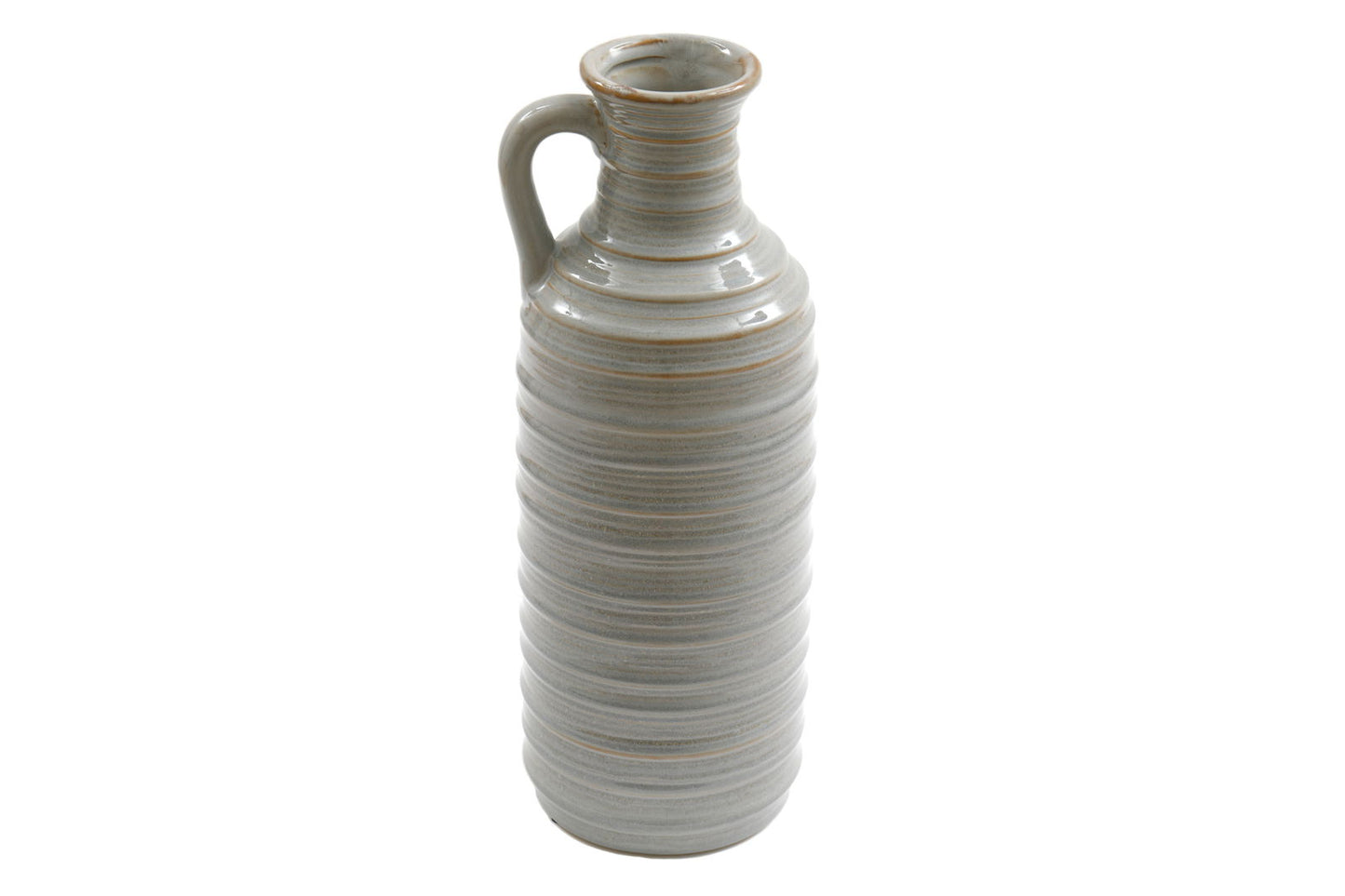 Geko Products ceramic ribbed vase with handle in a tall, narrow design featuring gray and beige tones