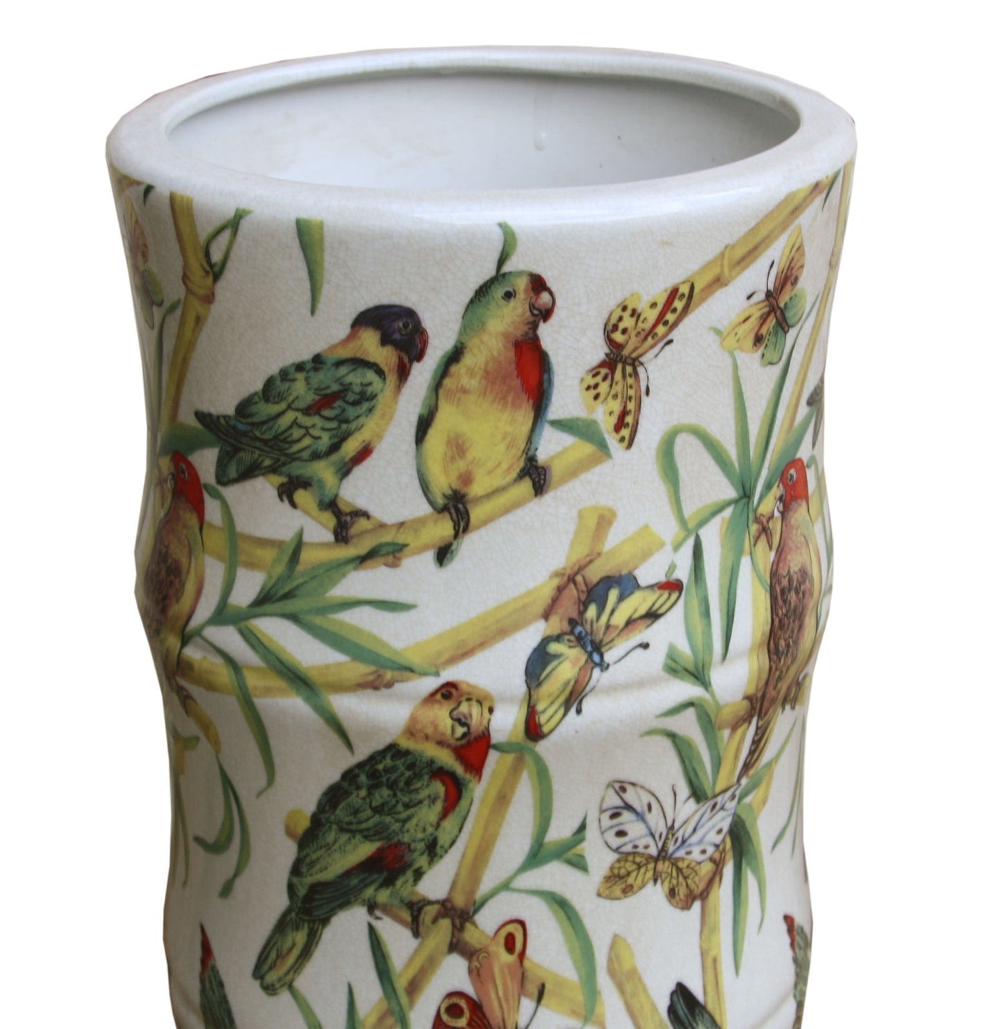 Ceramic umbrella stand tropical design with colorful parrots and butterflies on bamboo background