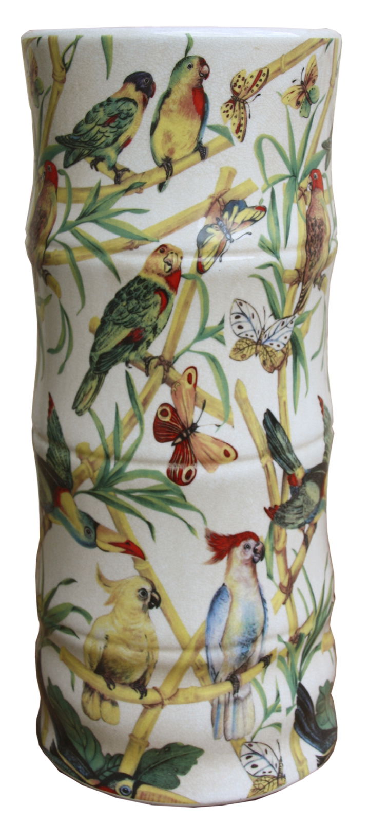 Ceramic umbrella stand tropical design featuring colorful birds and butterflies on white background