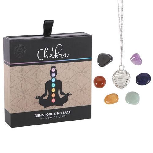 Chakra Gemstone Necklace kit featuring 7 colorful gemstones and a silver cage pendant for energy healing and spiritual connection