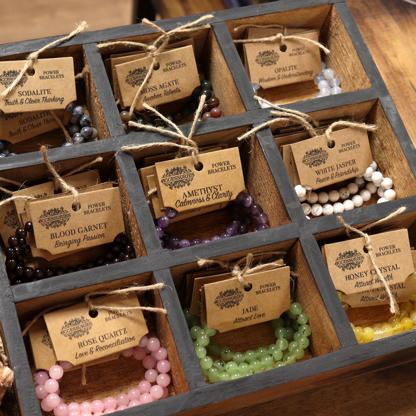 Assorted Chakra healing bracelet display featuring various gemstone options for spiritual wellness