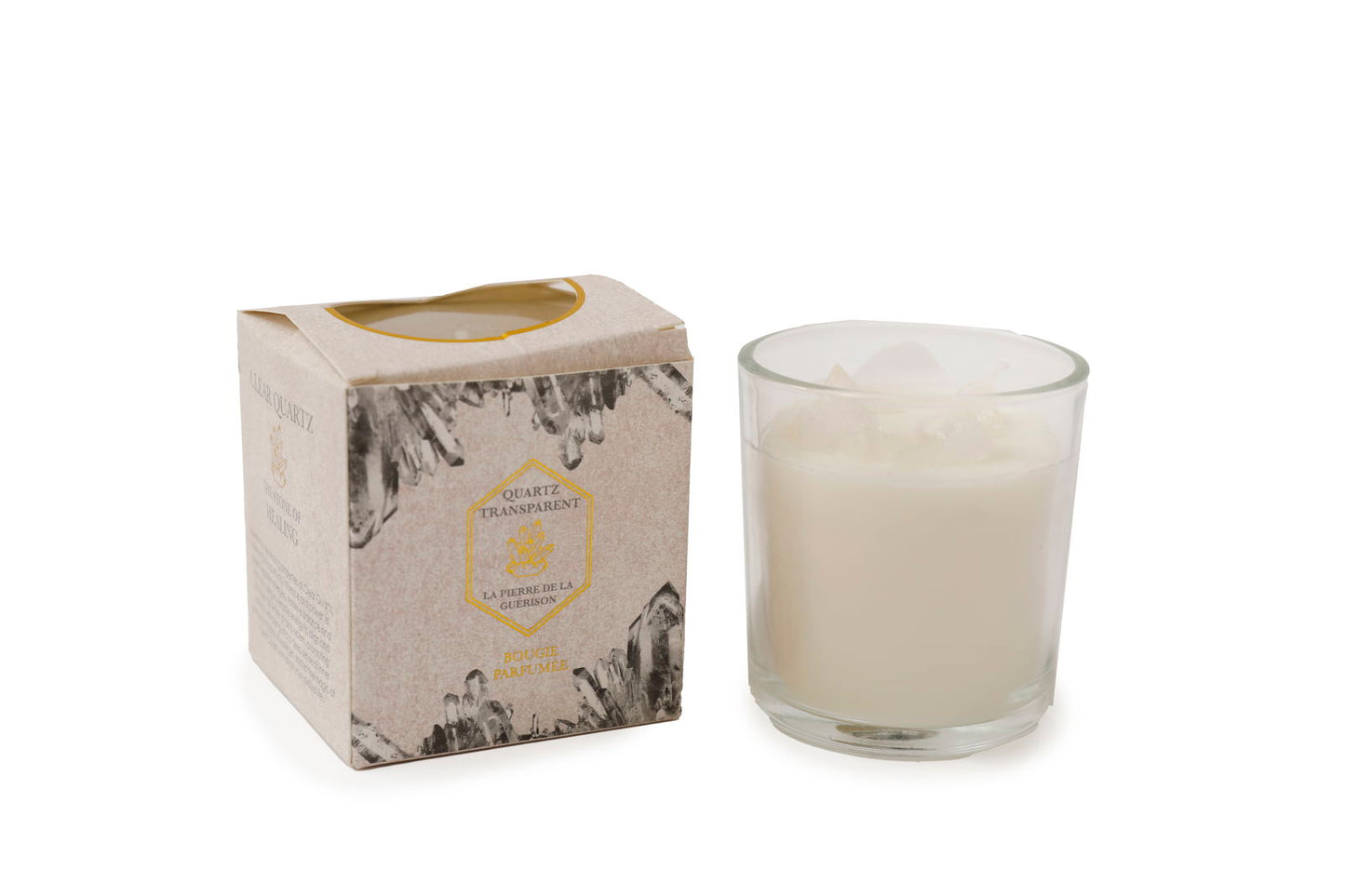 Geko Products clear quartz candle holder with white candle and decorative quartz crystals inside