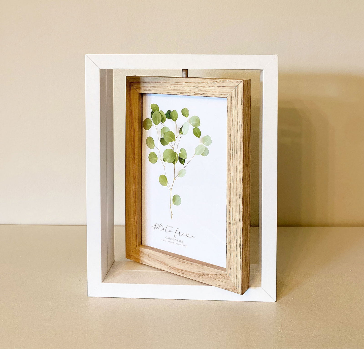 Geko Products wooden swivel photo frame with white outer border and botanical print inside