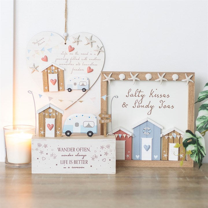 Salty Kisses 3D Shell Beach Hut Plaque - coastal themed wall art showcasing beach huts and a heart design