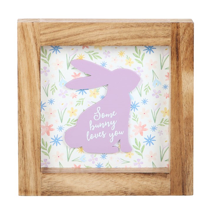 Cute bunny frame decor featuring a wooden frame sign with the text Some Bunny Loves You