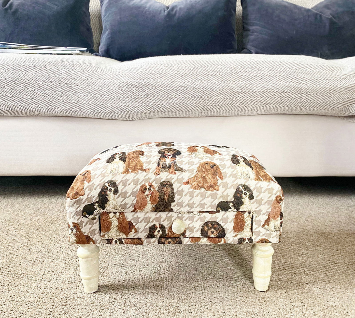 Geko Products decorative animal footstool with dog print fabric and white wooden legs in living room
