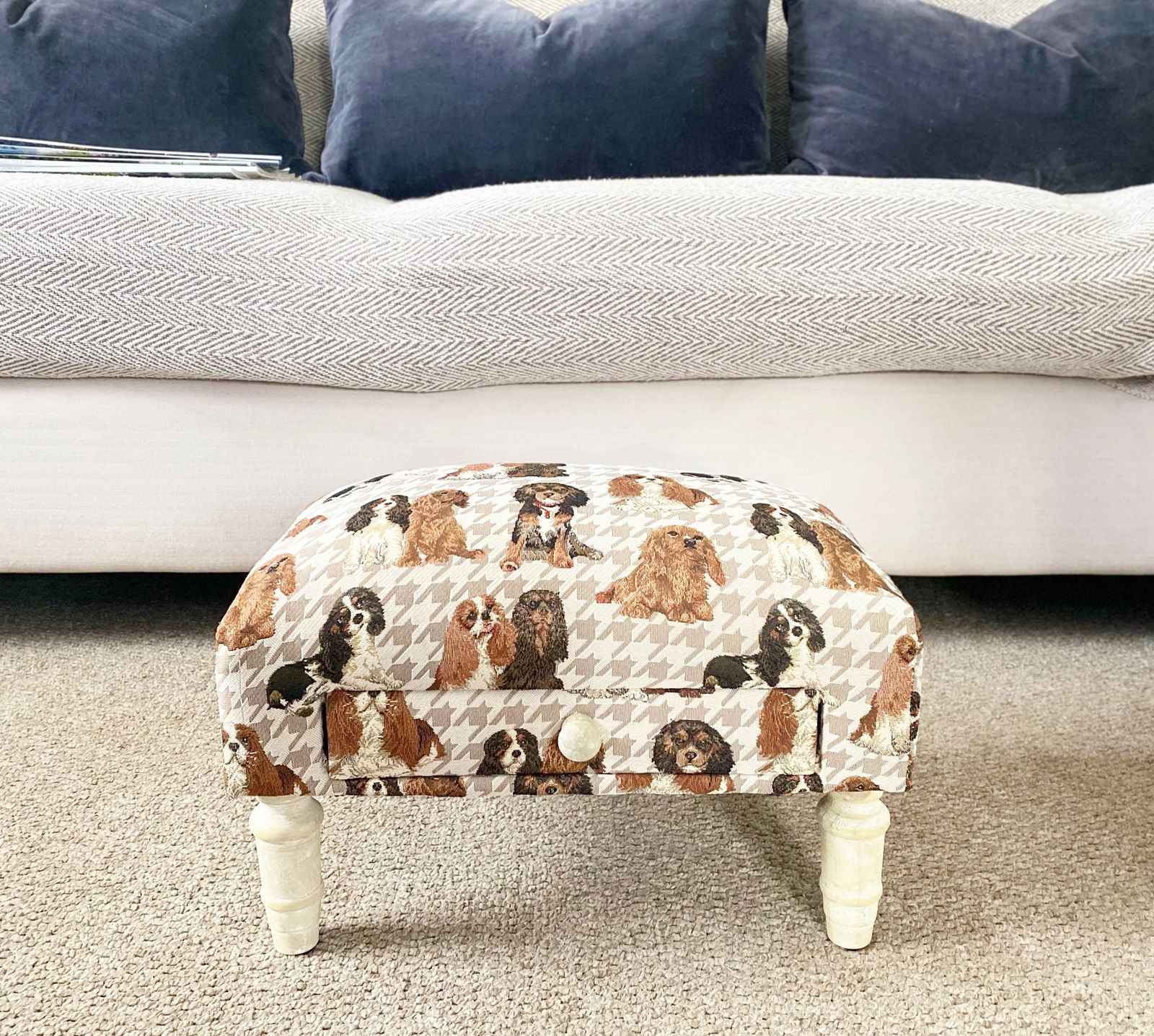 Geko Products decorative animal footstool with dog print fabric and white wooden legs in living room
