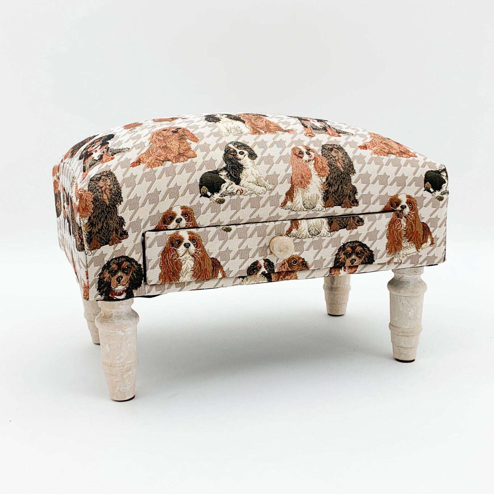 Geko Products decorative animal footstool with dog pattern upholstery and carved wooden legs