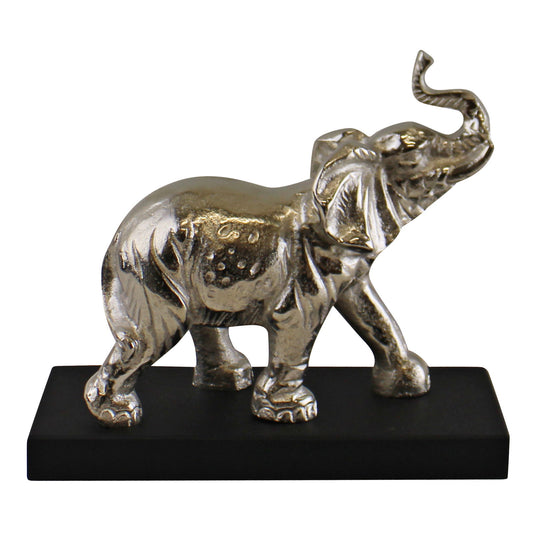 Large ornamental elephant decor in silver finish on a black rectangular base by Geko Products