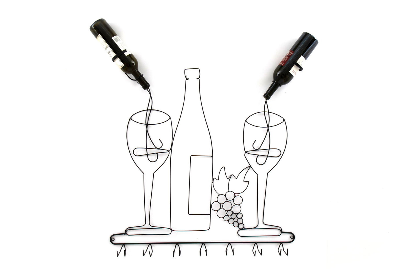 Geko Products wall mounted wine rack shaped like wine bottle and glasses with hooks for hanging