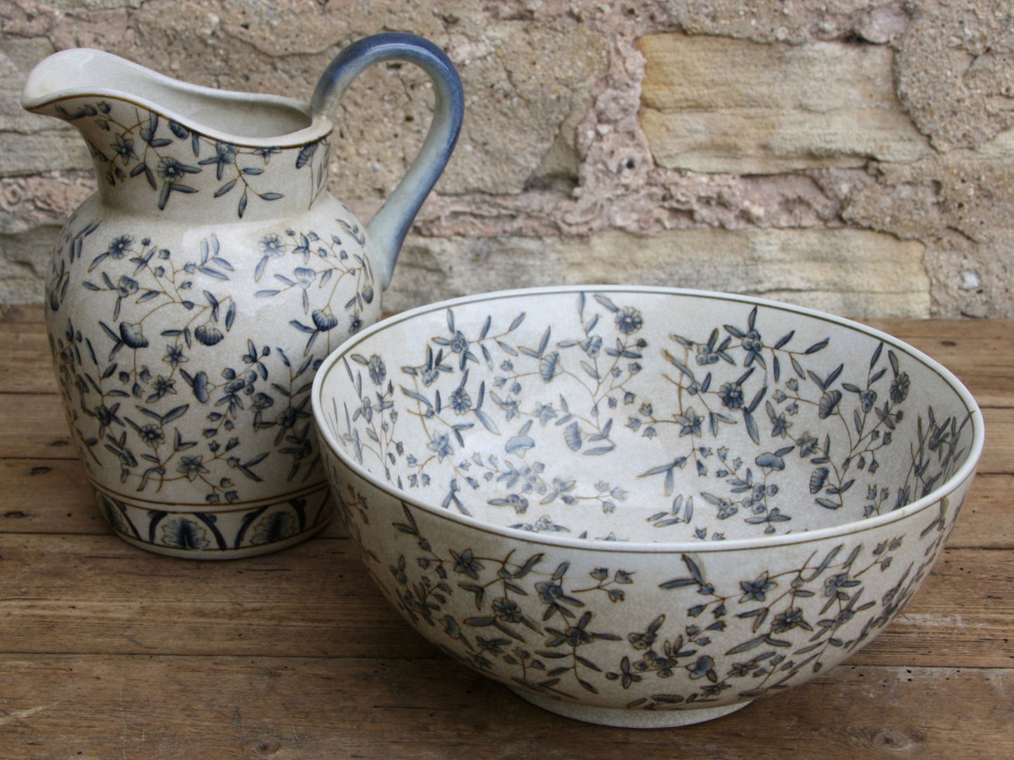 Geko Products ditsy print ceramic bowl with matching ceramic pitcher featuring blue floral design