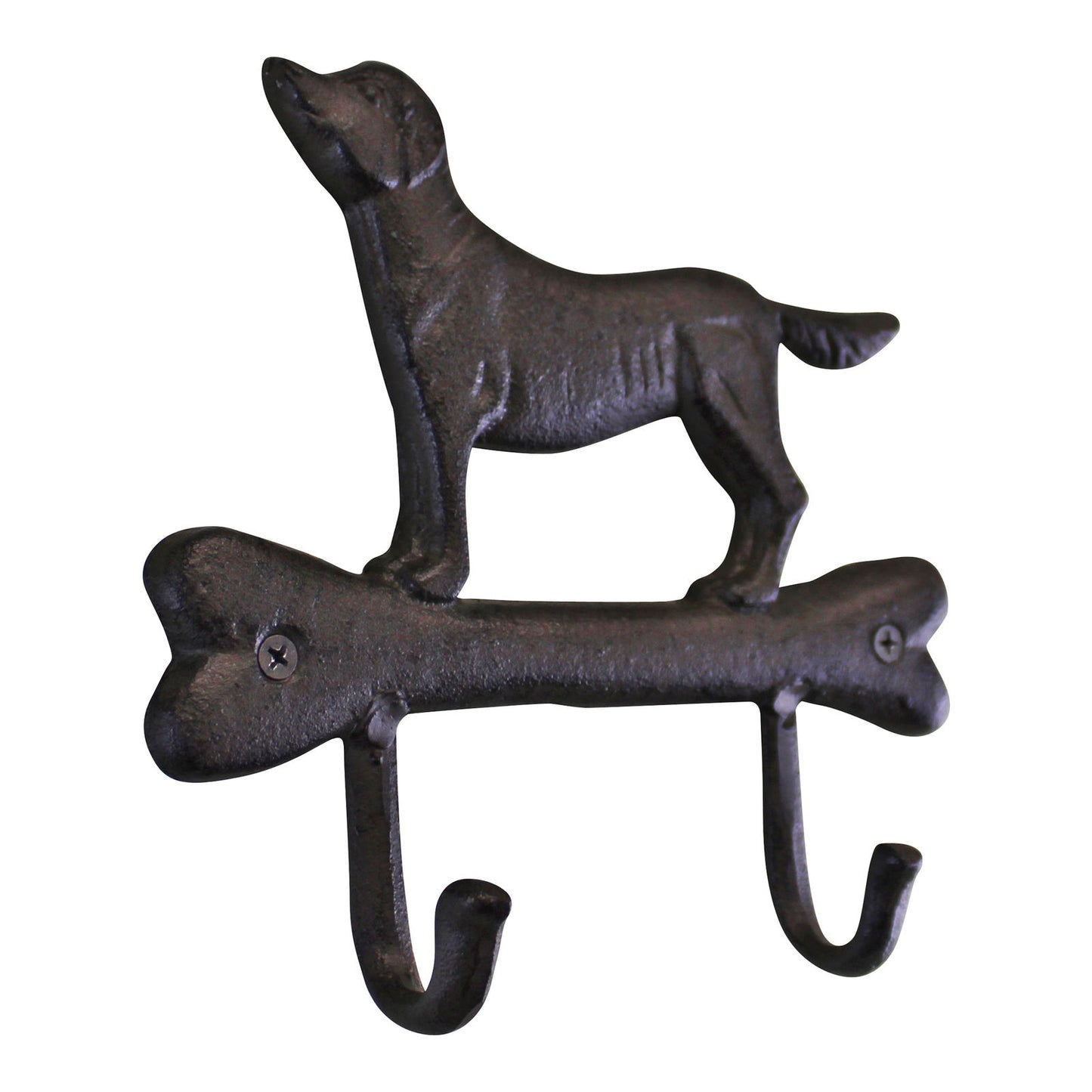 Dog design metal coat hooks in dark brown with dog figure standing on a bone-shaped base