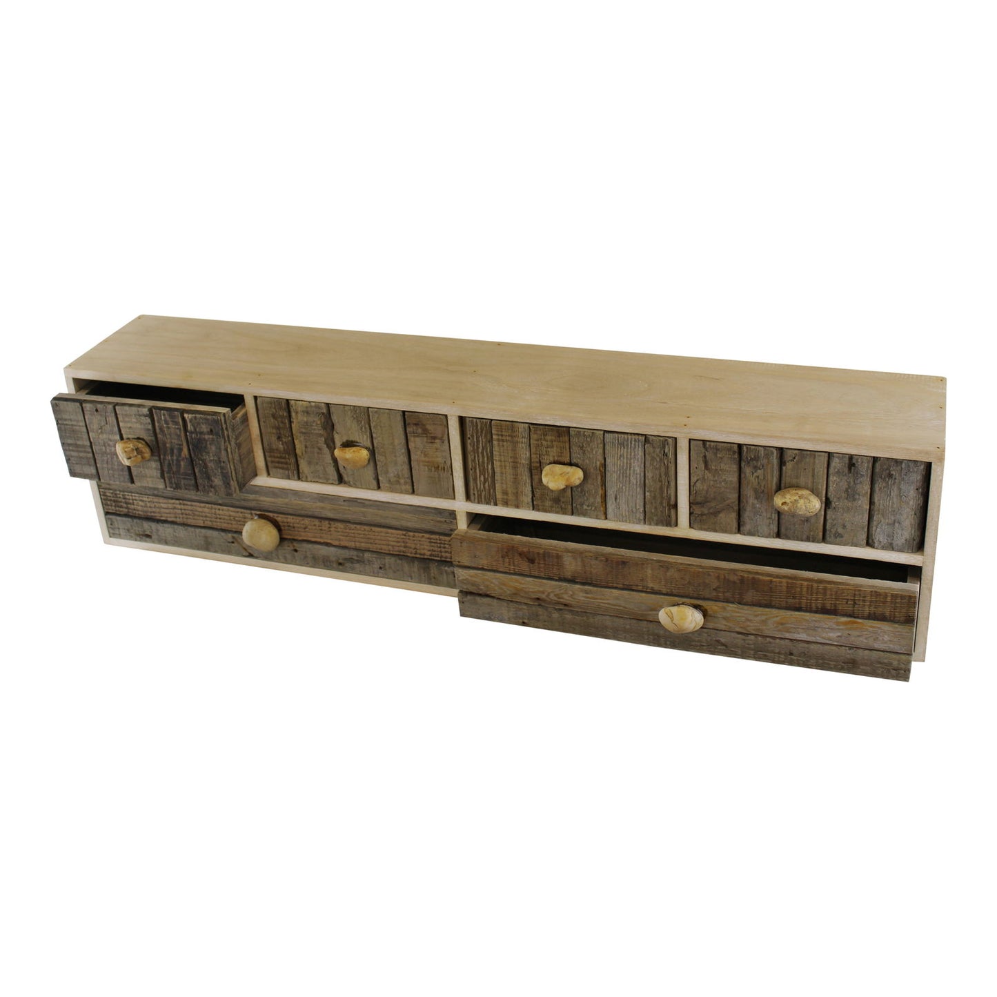 Geko Products driftwood drawer unit with multiple rustic wooden drawers and natural wood knobs