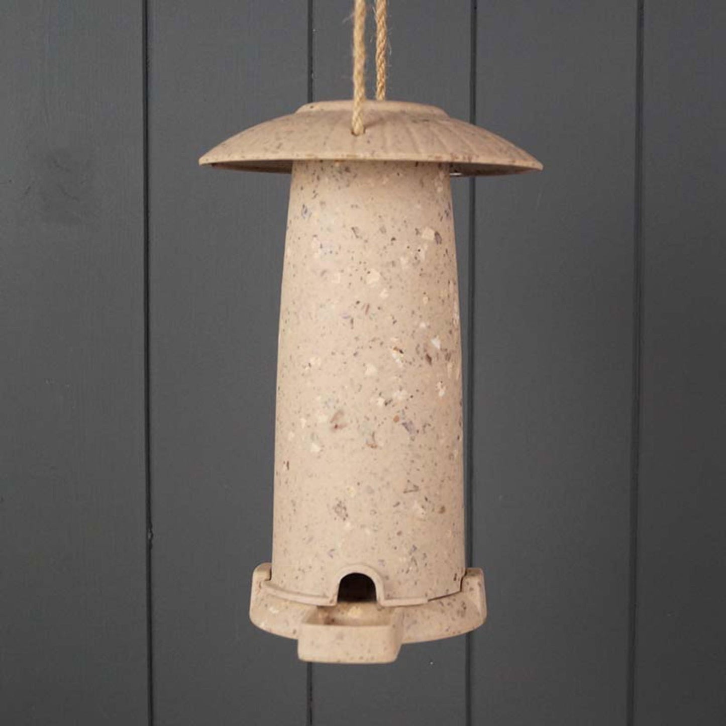Earthy Seed Feeder Coffee hanging bird feeder with natural speckled finish and rustic design