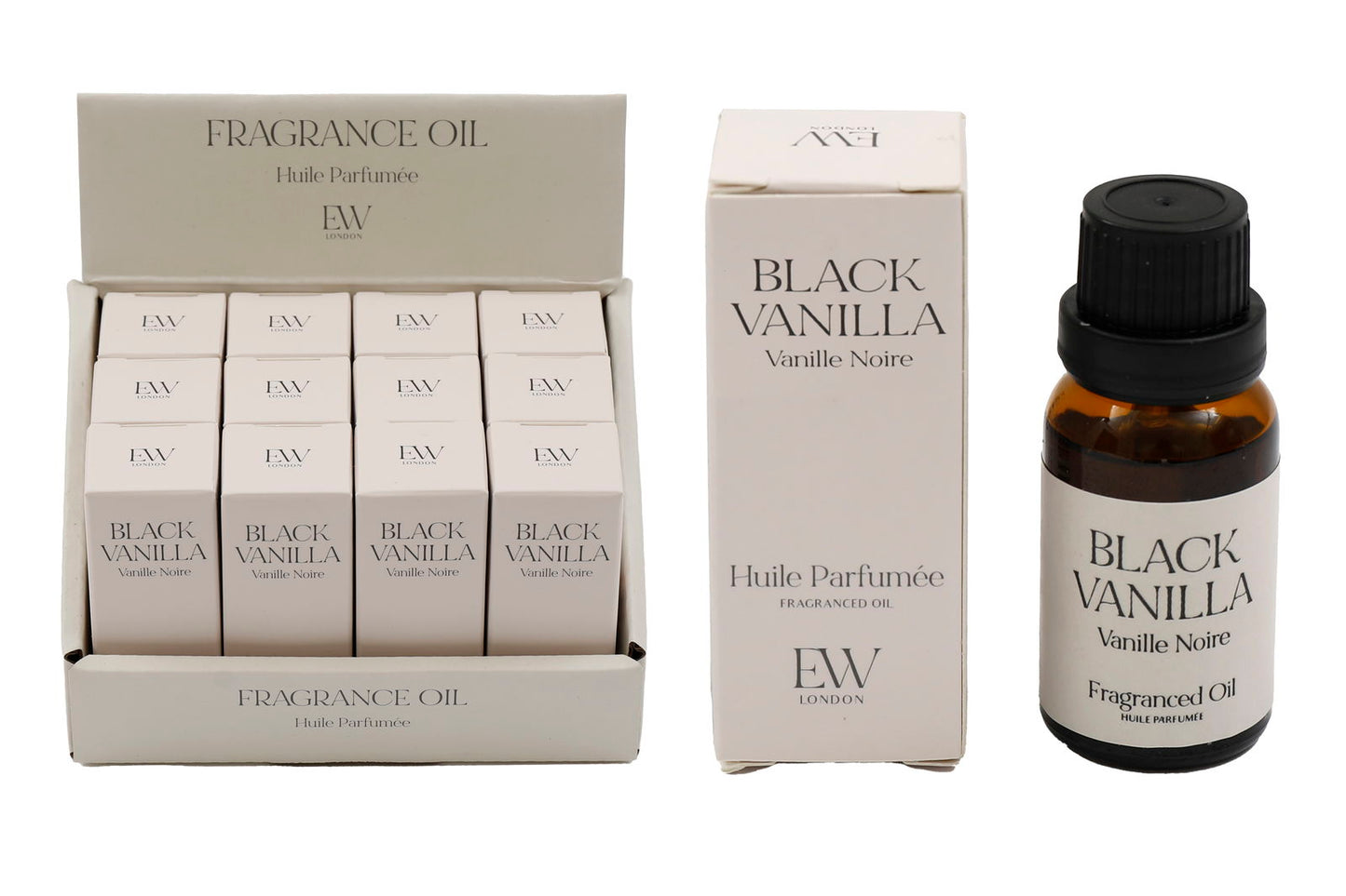 Black Vanilla Scented Oil fragrance oil bottles and boxed packaging by Geko Products
