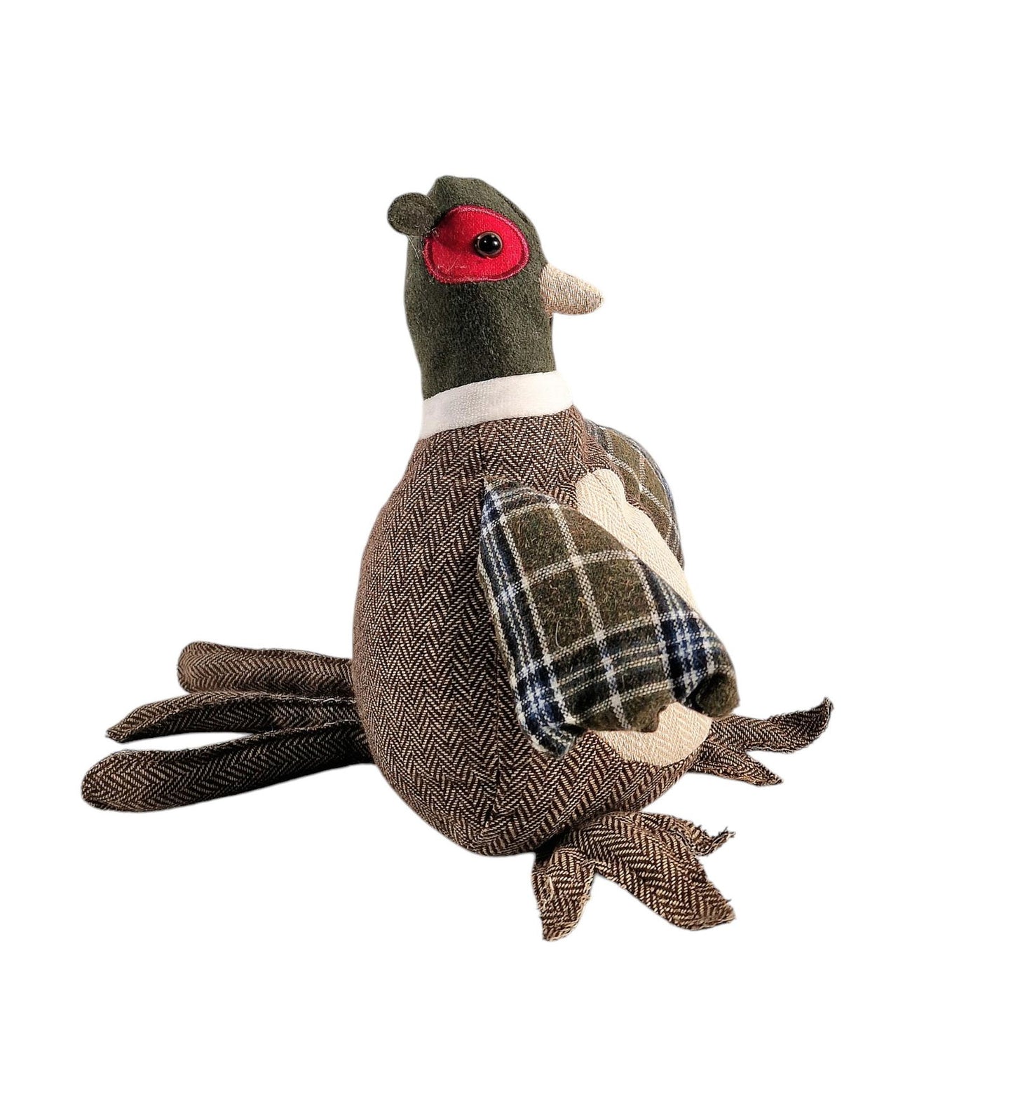 Geko Products fabric pheasant door stop with brown herringbone body and plaid wings for home decor