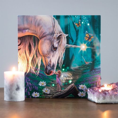 Fairy Whispers canvas featuring a magical scene with a unicorn and fairy surrounded by glowing lights