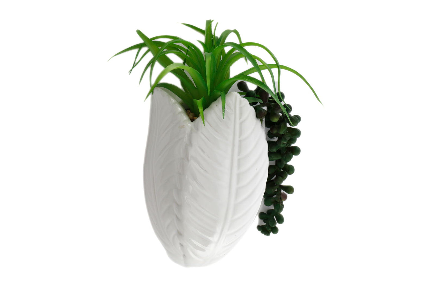 Geko Products white leaf-shaped wall planter with green faux succulents wall decor for indoor decoration