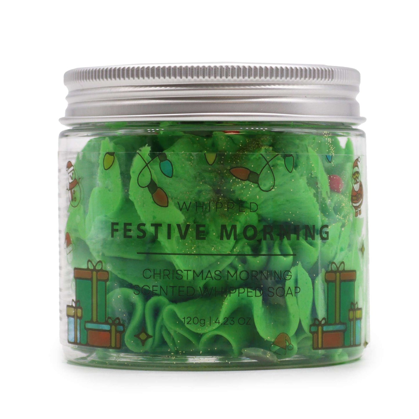 Festive whipped soap in a jar with holiday decorations and bright green colour