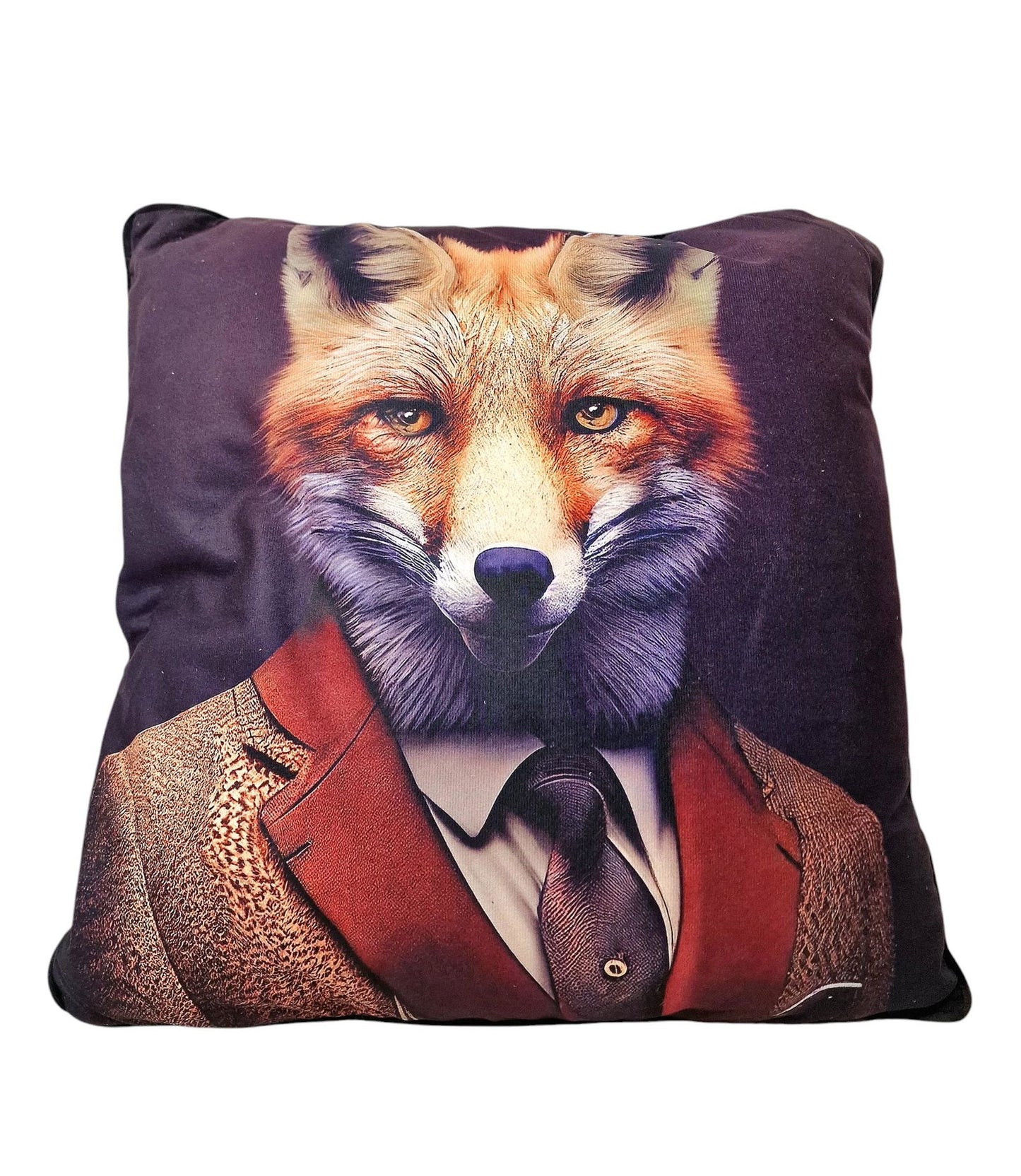 Forest animal cushion set featuring a fox dressed in a suit and tie on a decorative pillow