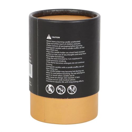 Forest Bee Candle in a stylish black and gold holder with caution instructions for safe use