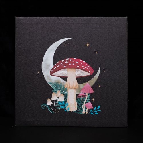 Forest mushroom canvas art featuring colorful mushrooms and moon design on a dark background