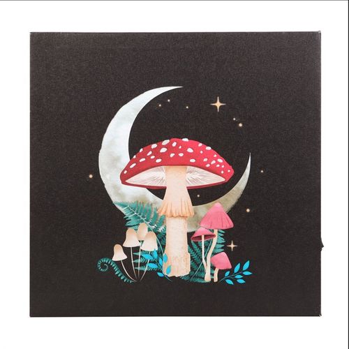 Forest mushroom canvas art featuring colorful mushrooms and a crescent moon design