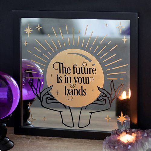 Fortune teller wall decor featuring a mirrored design with hands and a crystal ball statement