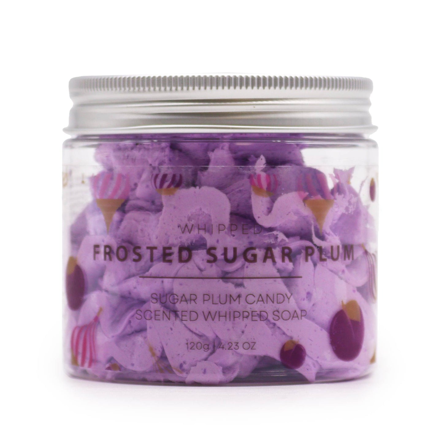 Frosted Sugar Plum Whipped Soap in a clear jar featuring fluffy purple whipped texture