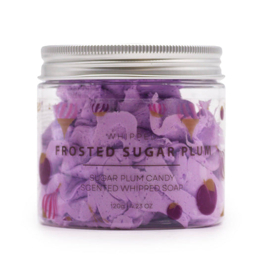 Frosted Sugar Plum Whipped Soap in a clear jar featuring fluffy purple whipped texture